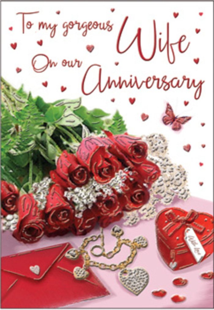 In this richly detailed anniversary card image, a bouquet of classic red roses commands attention, as if set on a polished table in a Sipson home prepared for a special evening. The roses are full and generously petalled, their deep red tones warming the entire composition. Soft highlights pick up the natural curves of each bloom, while verdant greenery wraps around them, suggesting both movement and the freshness of a bouquet arranged by an experienced florist. Nearby, a vivid red box sits like a treasured keepsake, its surface smooth and inviting, hinting at jewellery tucked safely inside. A matching jewellery set shimmers in the soft daylight, metal and stones catching the light with delicate sparks that echo the glow of affection shared over many years. Heart motifs appear throughout the scene, from tiny scattered embellishments to a more prominent keepsake heart box, reinforcing the theme of lasting devotion. The card itself, with flowing scripted text, rests among these objects like a spoken promise made visible. The palette is dominated by passionate reds and gentle creams, reminiscent of warm interiors along Sipson's village lanes, where couples celebrate milestones away from the bustle of the airport. Textures abound: silky petals, smooth card, cool metal, and ribbon that might feel soft between the fingers. The entire setting feels intimate yet refined, like a carefully arranged anniversary gift waiting on a bedside table. It invites the viewer to imagine the rustle of wrapping paper, the light fragrance of fresh roses, and the quiet joy of marking another year of shared life and memories.