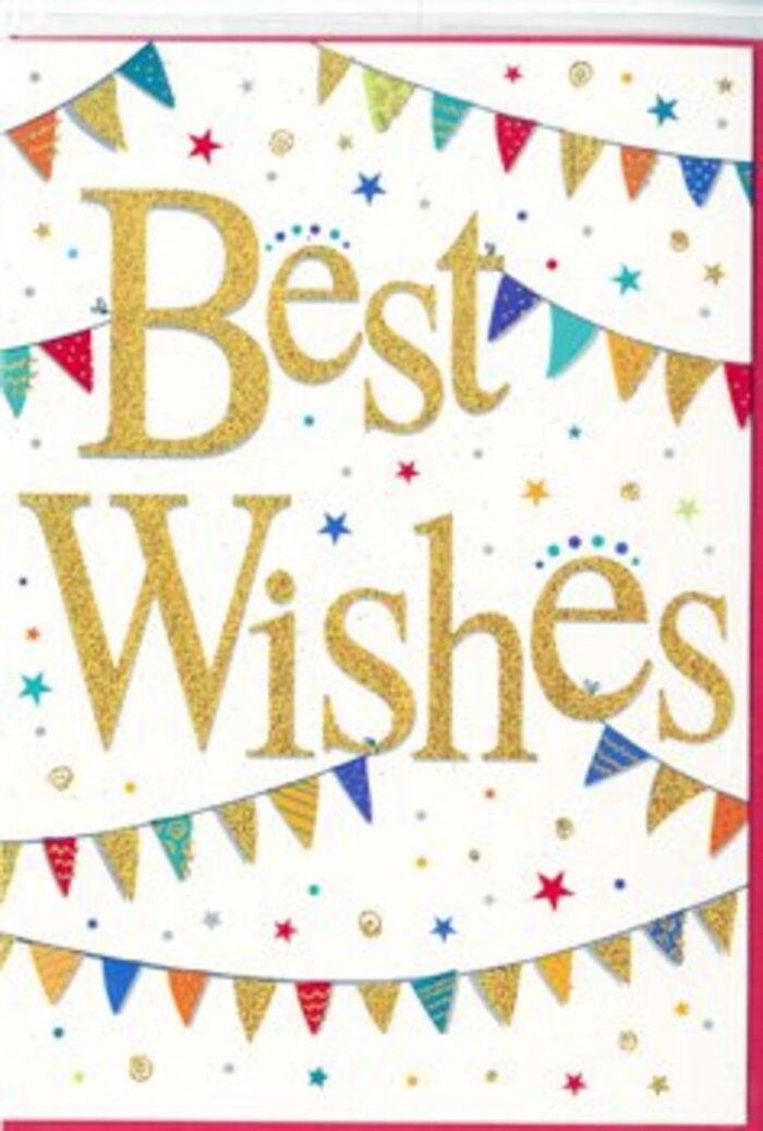 In this detailed image of a congratulations card, the focus is a joyful yet refined design that would pair perfectly with a fresh bouquet arriving at a doorstep in Sipson. The card itself is a clean, bright white, acting like a blank sky for the celebration that dances across it. At the heart of the design, the words Best Wishes sweep diagonally in an elegant golden script, the letters slightly embossed so they appear to rise gently from the surface. The gold has a soft, glitter-like shimmer, similar to evening light skimming over the rooftops near Sipson Lane, giving the greeting a luxurious yet friendly glow. Encircling the phrase above and below are curved strings of bunting, each tiny triangular flag painted in vibrant, harmonising colours-deep blues, cherry reds, sunny yellows, spring greens, and touches of purple. Many of the flags carry playful patterns: minuscule dots, fine stripes, and mosaic-like shapes that create a sense of individuality, as if each pennant were hand-chosen for a local street party. Delicately sprinkled throughout the white space are tiny stars and round confetti dots in complementary shades, some solid, some translucent, drifting like festive sparks frozen in mid-air. The spacing is thoughtfully balanced, allowing plenty of breathing room so the eye naturally returns to the glowing Best Wishes message in the centre. The atmosphere this card conveys is one of upbeat encouragement and genuine celebration-ideal for congratulating someone on exam results, a move to a new home in Sipson, or the start of a new job. The design feels timeless yet lively, capturing the warmth of sending a personal note from a neighbour who truly shares in your good news.