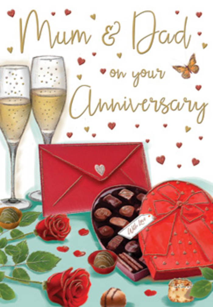 The anniversary card design captures a tender, celebratory moment that feels as if it could be unfolding in a snug Sipson sitting room after dusk. At the heart of the artwork, two slender champagne glasses stand close together, filled with sparkling, honey-gold champagne. Fine trails of bubbles rise lazily to the surface, and the curved rims of the flutes catch a soft, ambient light, suggesting a relaxed evening toast. In front of them, an open heart-shaped box of chocolates takes centre stage, the inner tray dotted with assorted truffles and pralines in dark, milk, and caramel tones. The box itself is a deep, romantic red, finished with a satiny bow that drapes gently across the lid, almost begging to be retied as a keepsake. To one side, a pair of plush red roses lie on the tabletop, their petals layered and velvety, echoing the work of a skilled local florist used to arranging anniversary blooms for Sipson couples and families across the Heathrow corridor. Their verdant leaves add a fresh burst of green against the warm reds and golds of the scene. Scattered chocolate pieces and small stylised hearts in red and gold drift over the background, creating a sense of movement and quiet excitement, like confetti after a party on a peaceful Sipson cul-de-sac. A bold scarlet envelope completes the vignette, carefully positioned to suggest a card filled with loving words for Mum & Dad. The atmosphere is luxurious yet homely, evoking not just romance but the steady affection and gratitude that deepen over many shared years.
