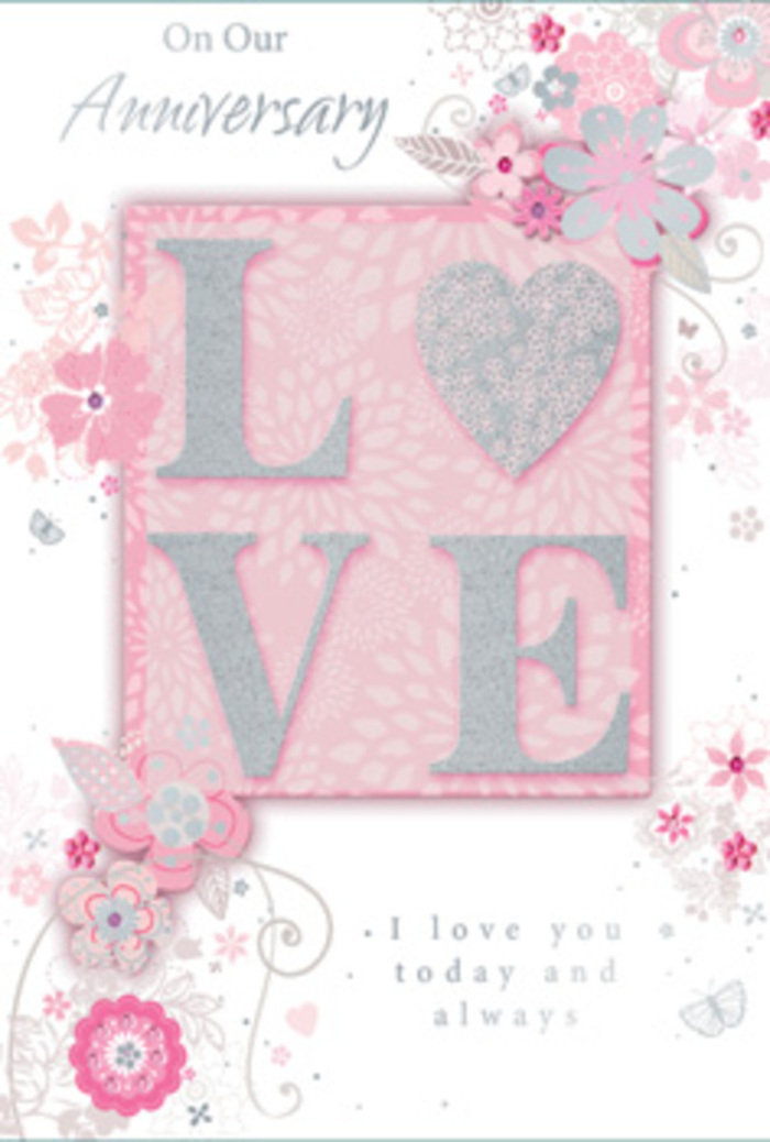 The anniversary card in this image feels like a carefully arranged floral display translated into paper, perfectly suited to a couple marking another year together in Sipson. At its heart, the word LOVE is printed in large, raised capitals, each letter coated with a frosted, glittery finish that catches glints of light like dew drops on early spring petals. The colours are soft and harmonious-powder pinks, creamy whites, and touches of silver-creating a peaceful, romantic palette that never overwhelms the eye. Surrounding the word, hand-drawn blooms and trailing leaves drift gracefully across the card. Their lines are fine and slightly wispy, as though sketched by a florist at the workbench, planning an arrangement of pastel blossoms for delivery to a quiet home near Sipson's village centre. Some petals are shaded in deeper blush and mauve, while others remain almost translucent, giving a sense of movement and airiness. Between the flowers, delicate curls, filigree lines, and tiny butterflies are tucked like secret details, rewarding a closer look. The background is a light, velvety pink, providing a gentle contrast that allows each floral swirl and glimmer of silver to stand out. In an understated yet heartfelt script, the inner message speaks of loving today and always, echoing the enduring nature of anniversaries shared year after year. Everything about the card-from the tactile glitter letters to the soft floral motifs-feels like a hand-tied bouquet preserved on paper, designed to carry quiet emotion and gratitude to someone special in Sipson.
