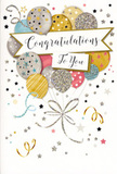 A joyful congratulations card is displayed as though waiting to be slipped into a bouquet delivery around Sipson, its design centred on a radiant gathering of balloons that feels both playful and polished. The balloons appear in a harmonious palette of metallic gold, silver, champagne, sky blue, blush pink, and soft grey, their rounded shapes overlapping to form a full, uplifting cluster. Each one is embellished with fine decorative elements-tiny stars scattered like constellations, subtle stripes, and delicate flecks of glitter effect-that catch the eye and suggest the gentle sparkle of foil-printed card stock. From the base of the bouquet, slim ribbons in shimmering gold and silver cascade downwards, swirling and looping across the front of the card with a sense of fluid movement, like streamers drifting at the end of a party in a cosy Sipson living room. A softly curving banner floats through the centre, carrying the message Congratulations To You in graceful, flowing calligraphy that feels warm and sincere rather than formal. Around this central motif, the light background is scattered with tiny metallic stars, dots, and whimsical curls, mimicking the airy tumble of confetti and adding to the feeling of unreserved festivity. The whole composition radiates gentle pride and happiness, ideal for celebrating everything from a new job to a graduation or a well-earned promotion nearby at the airport. As someone used to pairing cards with arrangements, I can imagine this design nestling among pastel-toned flowers, bringing a burst of visual joy and a sense of being genuinely appreciated each time the recipient glances its way.