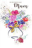 Elegant Mother's Day card featuring a joyful watercolour bouquet, painted with the kind of care a local Sipson florist brings to every hand-tied arrangement. The flowers burst from the centre of the design in layered tones of lush purple, playful pink, vivid cerise, and glowing red, with soft edges that merge and mingle like petals seen through a gentle spring haze. Deep indigo strokes trace the contours of key blossoms and leaves, giving the impression of movement and depth, while cooler notes of blue and lavender thread through the warmer shades to create a harmonious, garden-fresh feel. Delicate touches of painted gold highlight select petals and stems, catching the imagination like sunlight shining through trees near Sipson's quiet residential streets. Around the bouquet, fine splashes of paint and tiny heart shapes scatter over the clear white background, conveying a sense of celebration, laughter, and affectionate chaos. The stems seem to gather naturally into a rounded vase, suggested by flowing washes of colour, its base adorned with a graceful golden bow that recalls the soft crinkle of ribbon around a real floral gift. The overall composition is airy yet full of emotion, capturing that mix of joy and tenderness unique to Mother's Day. It feels like a visual hug, perfect for someone arranging flower delivery to a beloved mum in Sipson or nearby villages, a painted bouquet that will never fade and always whisper of love, gratitude, and shared memories.