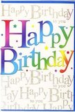 This birthday greeting card presents a front cover that feels instantly festive, as if it has captured the atmosphere of a joyful celebration in Sipson and pressed it onto paper. At the heart of the design, the words Happy Birthday sweep across in bold, full-bodied letters, each letter shifting gently through a gradient of colour that echoes a carefully arranged rainbow bouquet. Starting on one side with rich cherry red, the tones morph smoothly into warm pink, then dip into royal purple and bright sapphire before blending into fresh green and finally a soft golden yellow, like evening sunshine settling over gardens and rooftops near Sipson. The surface of the letters appears smooth and luminous, catching light in a way that suggests a semi-gloss finish, adding a tactile richness you can almost feel with your fingertips. Behind this colourful headline, the background is filled with neat rows of cursive golden script, repeating Happy Birthday to you in a regular rhythm, like a chorus carried through a family party in a village hall. The gold ink has a subtle metallic shimmer, sparkling just enough to be noticed when the card tilts, much like shop lights glinting off gift wrap in a local high street store. Tiny scattered dots and specks of colour give the impression of confetti or sugar sprinkles, adding to the sense of playful celebration without cluttering the design. The overall effect is bright yet elegantly composed, the kind of card that pairs beautifully with a hand-tied bouquet delivered around Sipson, turning a simple birthday message into a moment that feels genuinely special and remembered.