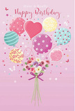 A soft, romantic birthday composition floats against a blush-pink backdrop, where a bouquet of fresh blooms and pastel balloons seems to hover as lightly as a breeze over Sipson. At the base of the image, a cluster of hand-tied flowers forms a small, lush bouquet, brimming with miniature roses and anemone-like blossoms in shades of cream, blush, and soft mauve. The petals look velvety and slightly ruffled, as if they have just been arranged by an attentive florist after an early-morning delivery of fresh stems to a shop near Sipson Road. A violet satin bow wraps around the stems, its smooth texture and gentle sheen creating a polished focal point that grounds the arrangement. Rising from this floral heart, a playful gathering of balloons arches upward, painted in gentle pastels of pink, teal, lemon yellow, and lavender. Each balloon has a unique personality: some are wrapped in candy-like stripes, others dotted with cheerful polka patterns, while a few carry delicate floral designs that mirror the blooms below. At the centre, a heart-shaped balloon stands out, radiating warmth and affection, the perfect symbol for a birthday message meant for someone dearly loved. Light softly illuminates the scene, as if coming through a window overlooking a quiet Sipson garden, catching fine highlights along the curved surfaces of the balloons and the satiny petals. Tiny golden stars and fluttering butterflies appear to drift around the bouquet, adding a sense of gentle motion and magic, like a birthday wish whispered into the air. The overall feeling is one of airy sweetness and joyful celebration, capturing the way a thoughtfully chosen floral card can make a birthday in Sipson feel truly unforgettable.