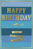 This sophisticated birthday card presents a serene blend of colour and texture, ideal for accompanying a hand-delivered bouquet in Sipson. The backdrop is formed from broad, horizontal stripes of blue, each band slightly different in tone, moving from strong navy and inky ocean hues through smoother mid-blues to softer, lighter shades towards the top. This layered blue palette creates a calming ombre effect, like watching twilight progress over the rooftops near Sipson village. Centered against these cool tones, the phrase HAPPY BIRTHDAY is embossed in large gold capital letters, standing proudly in raised relief so the metallic surface gently shimmers when light glides across it. The typeface is clear and uncomplicated, letting the gold finish speak for itself. Directly beneath sits a sweeping golden flourish, a decorative accent that adds a touch of classic elegance, as if drawn with a calligrapher's confident hand. Below this flourish, three horizontal gold banners are stacked neatly, each one shaped like a narrow ribbon and carrying a segment of the heartfelt sentiment: Relax, have a great day and enjoy! The banners feel like little reminders to slow down and appreciate the occasion. A slim gold line runs around the outer edge of the card, forming a precise border that frames the blended blues like a picture. Together, these elements create a sense of measured celebration - not loud or ornate, but quietly joyful - the sort of card you can imagine standing on a mantelpiece in Sipson, beside fresh birthday flowers, catching the soft afternoon light.