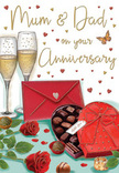 This richly illustrated anniversary card portrays an intimate celebration tableau, the kind a family in Sipson might set out to honour Mum and Dad after many happy years together. The composition centres on a pair of tall champagne flutes, their graceful stems and gently flared rims rendered with a glassy clarity. They are filled with pale golden champagne, sparkling with tiny bubbles that seem to dance upward toward the surface, hinting at a forthcoming toast. Just below, a heart-shaped box of chocolates lies invitingly open, each piece nestled in its own compartment, their glossy surfaces ranging from deep cocoa brown to lighter caramel shades. The lid of the box, a sumptuous red with a large, carefully tied ribbon bow, rests nearby, slightly tilted to show off its heart motif. To one side, two lush red roses with velvety petals and rich green leaves bring a florist's touch to the scene, reminiscent of a fresh bouquet prepared at Flowers Sipson for local delivery around Sipson and neighbouring villages. Small scattered chocolates and charming red and gold hearts float across the design, creating a gentle sense of movement and joy. A bright red envelope, sealed and slightly angled, suggests a heartfelt anniversary message tucked safely inside, ready to be opened in a quiet moment. The overall light in the image is warm and comforting, like soft evening glow filtering through a window on a residential Sipson street, wrapping the roses, champagne and chocolates in an atmosphere of gratitude, shared memories and enduring love.